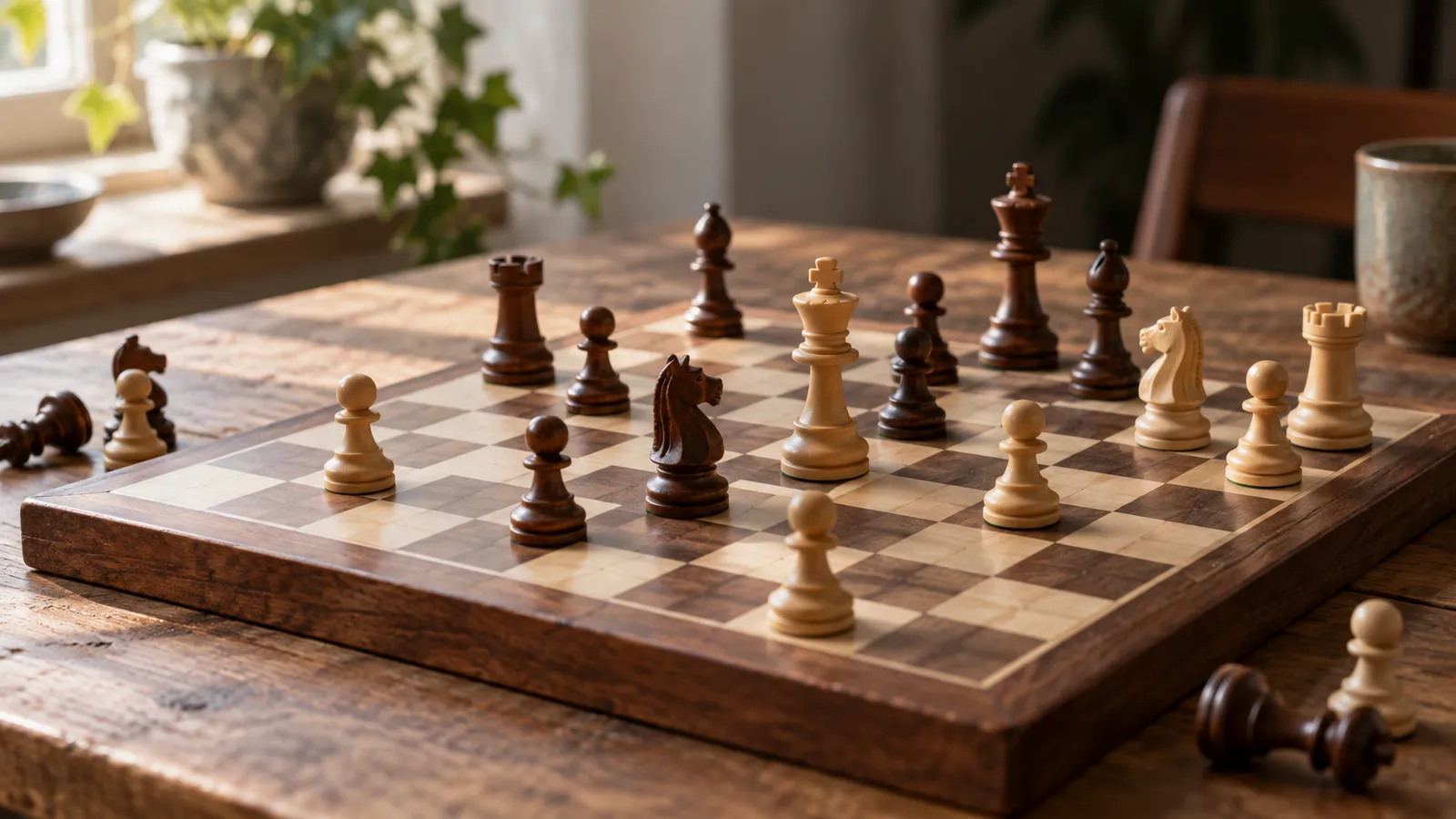 木桌上一盤下到一半的西洋棋