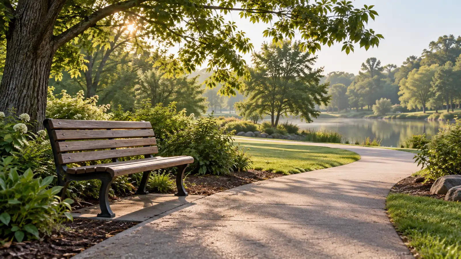 清晨公園步道旁的一張木長椅