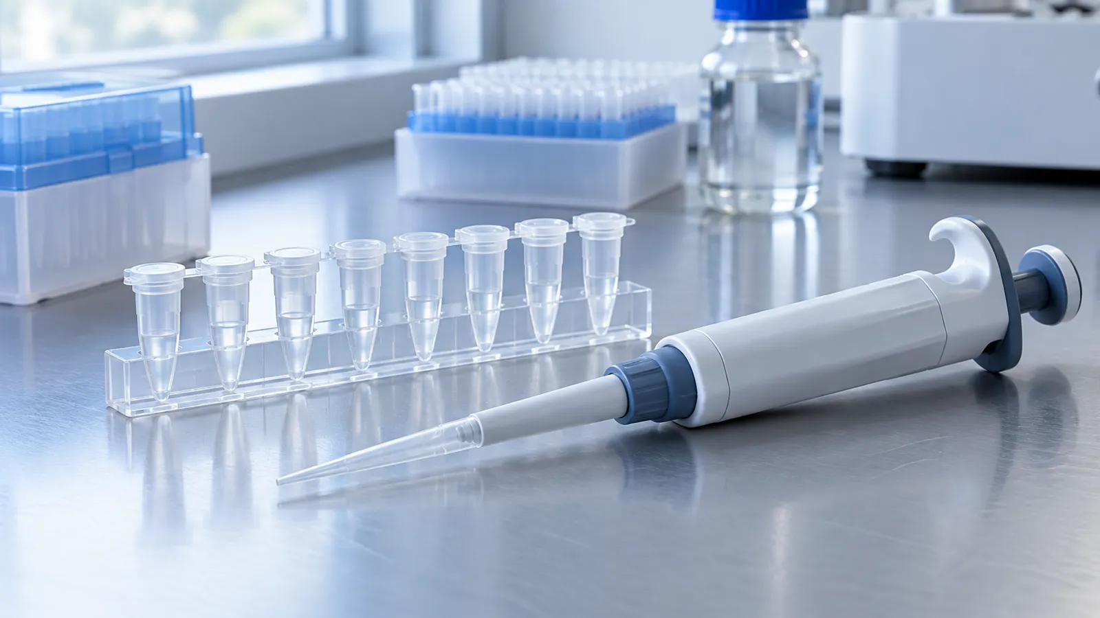 分子生物實驗台上的微量吸管與一排離心管