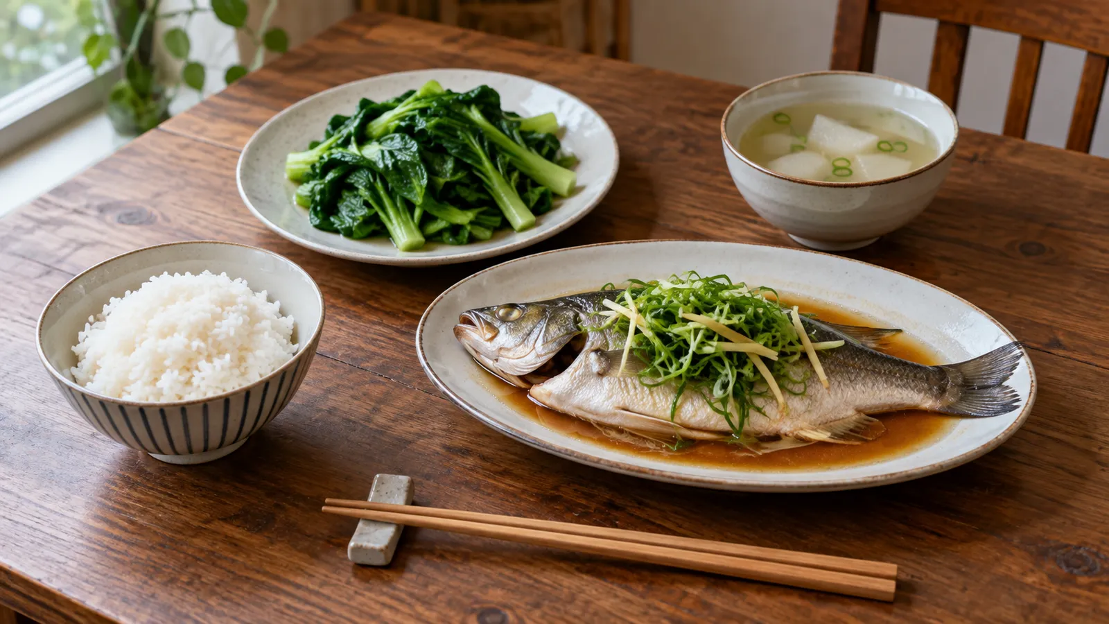 台灣家常餐桌:白飯、清蒸魚、燙青菜與一碗湯